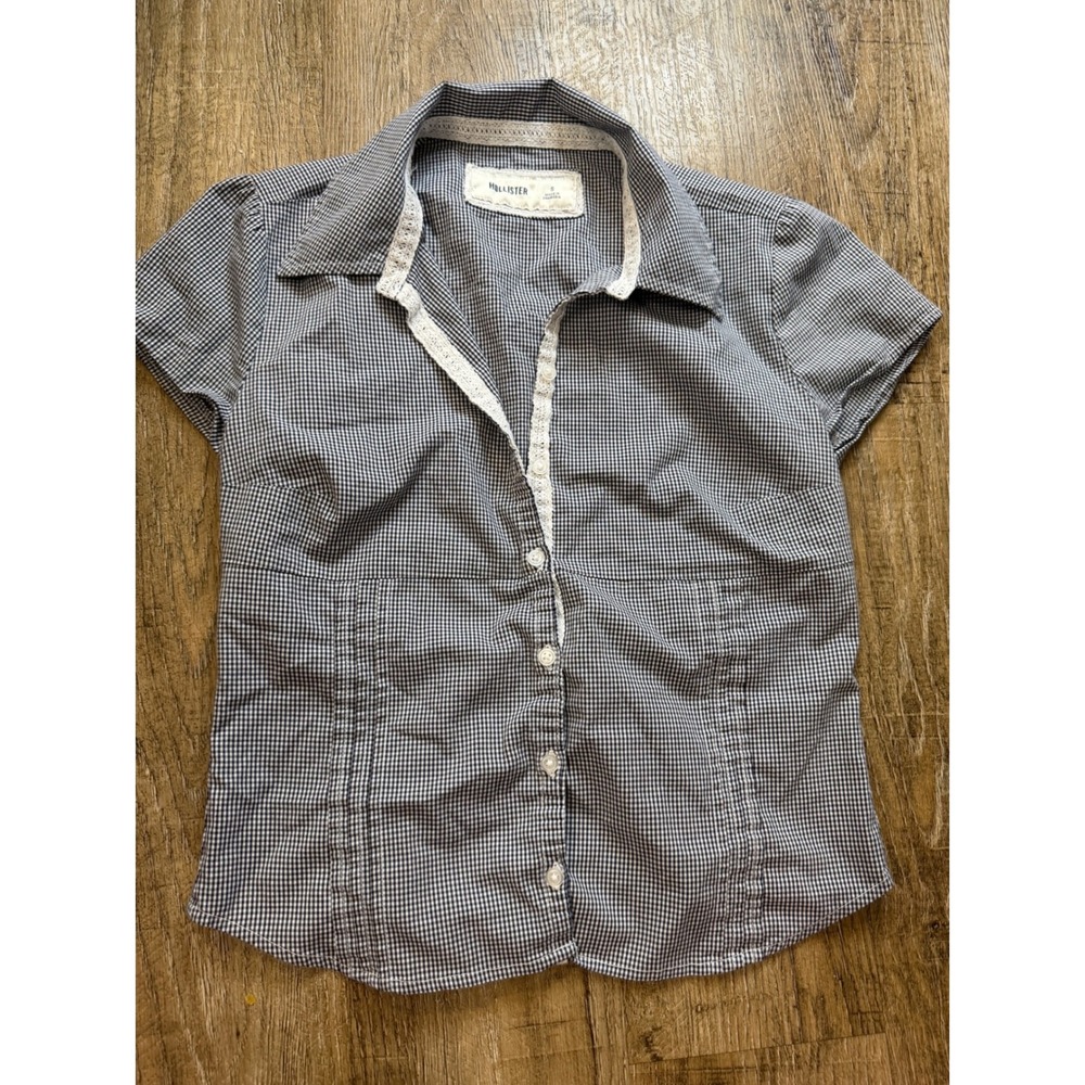 Hollister Gingham Lace Trim Short Sleeve Button Down Shirt Navy White Size S